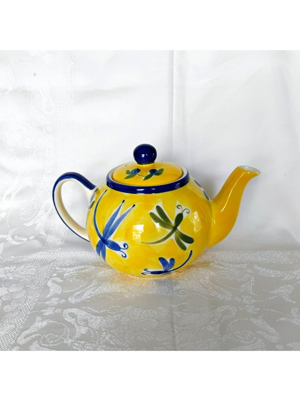 Vintage April Cornell 2001 Teapot Yellow Dragonflies Blueberries Cottagecore